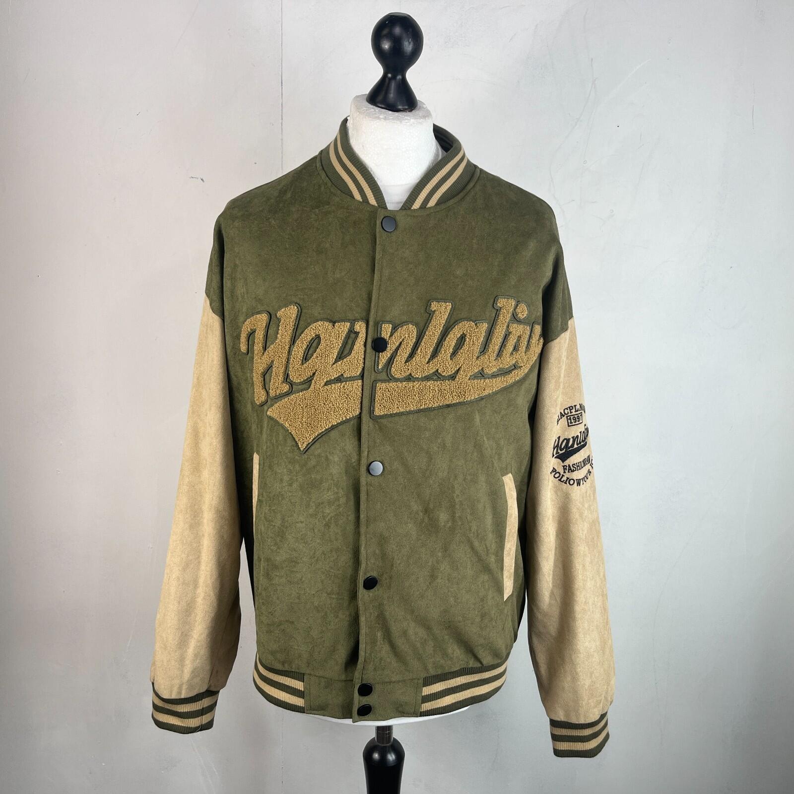 Women's Flock Varsity Jacket 80s College Style Green & Beige size XL