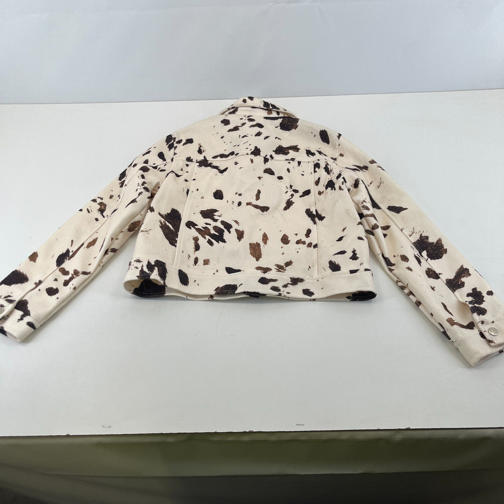 Women's Cow Print Cropped Jacket Cotton Blend Cream/Brown size Small