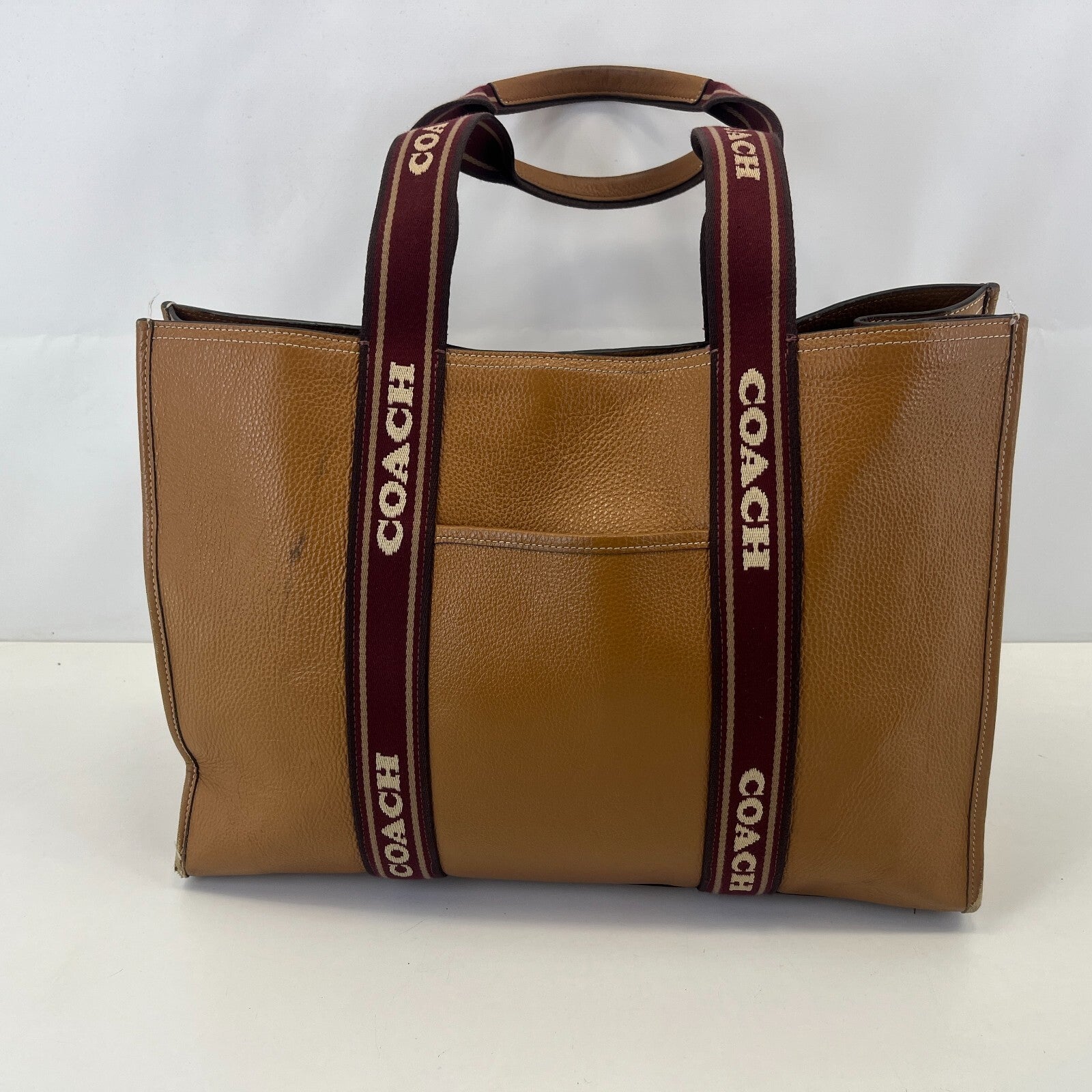 Coach Smith Tote Bag CM716 Tan Pebbled Leather Burgundy Logo Strap