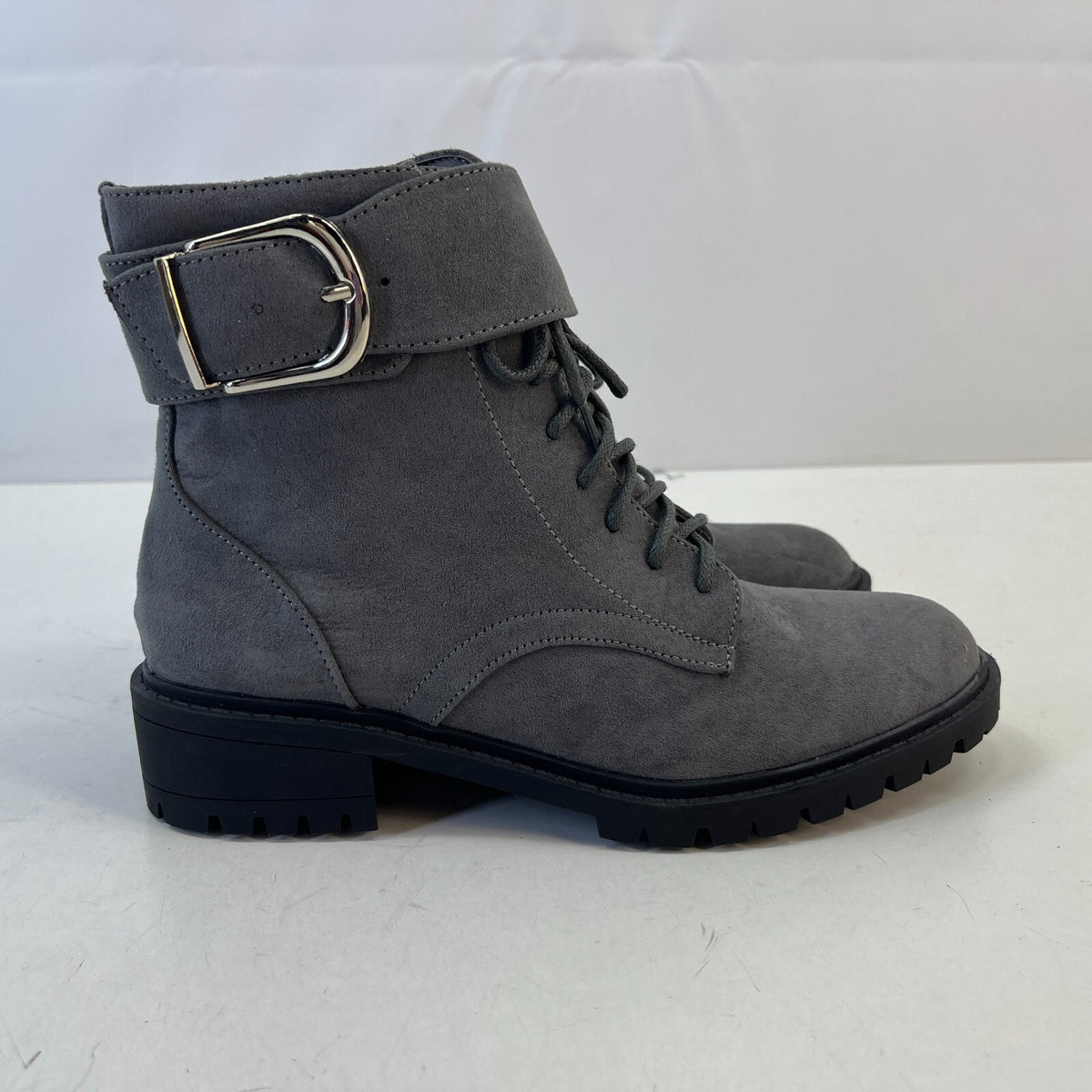 M&S Women’s Vegan Faux Suede Round Toe Ankle Boots Block Heel Side Zip Grey UK 4