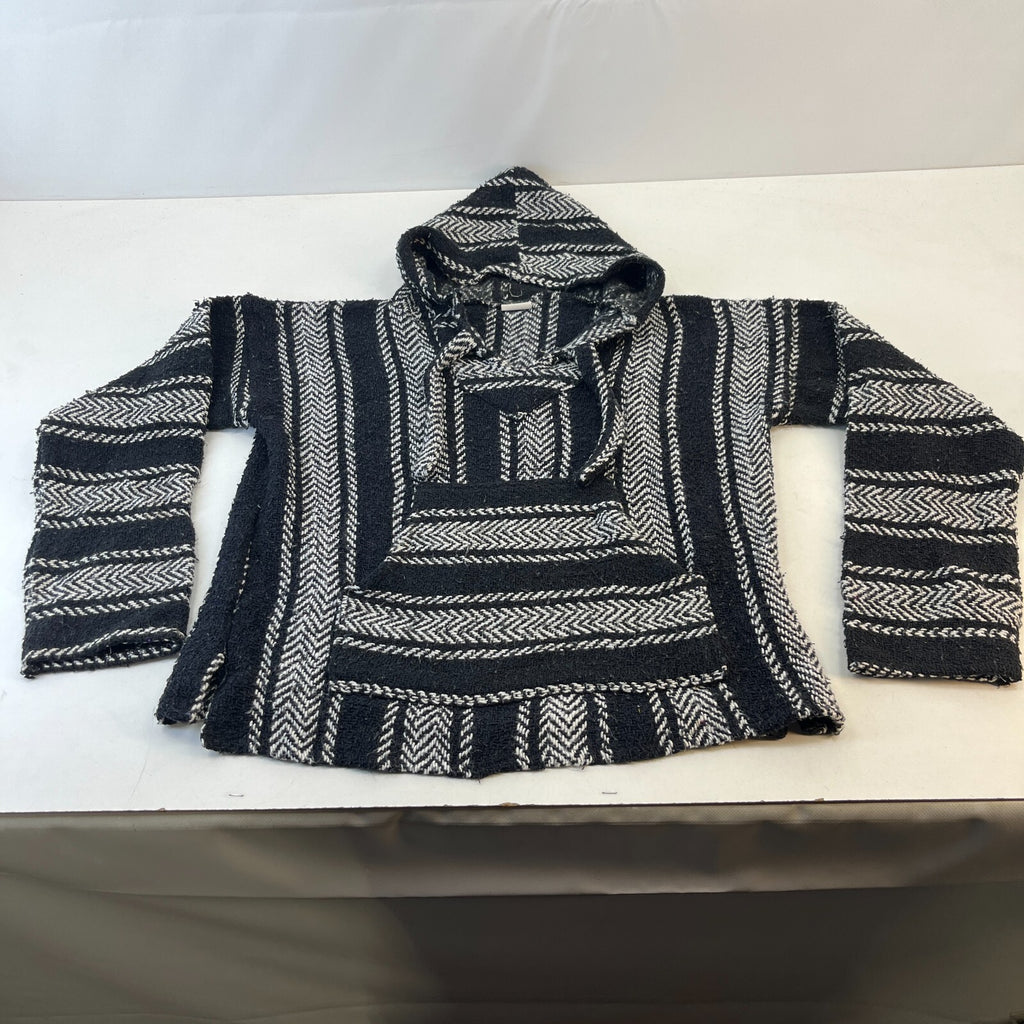Genuine Mexican Baja Hoodie Pullover Hippie Festival White/Black Stripe size S