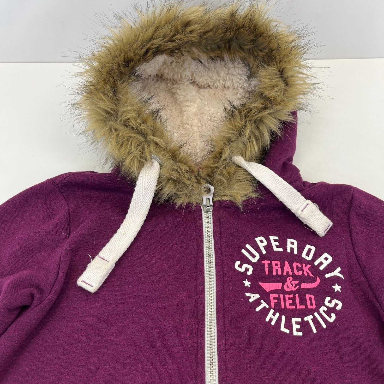 Superdry Women's Full Zip Hoodie with Sherpa Fur Fringe Hood Purple size Medium