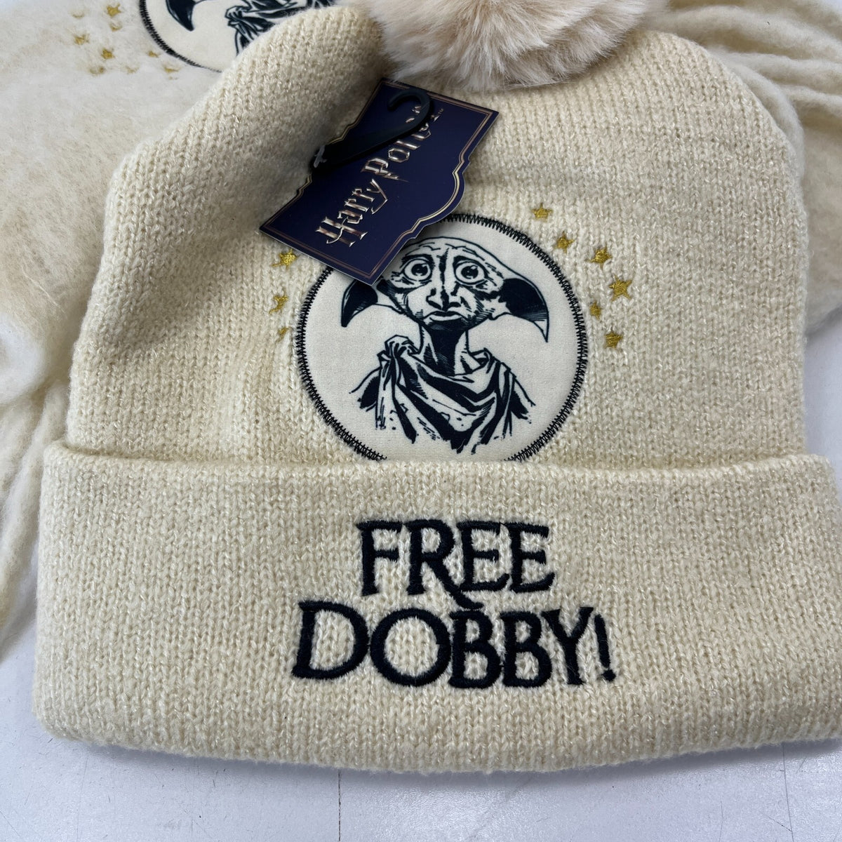 Harry Potter Free Dobby Super Soft Adults Hat & Scarf Set Pom-Pom Cream Embroidered