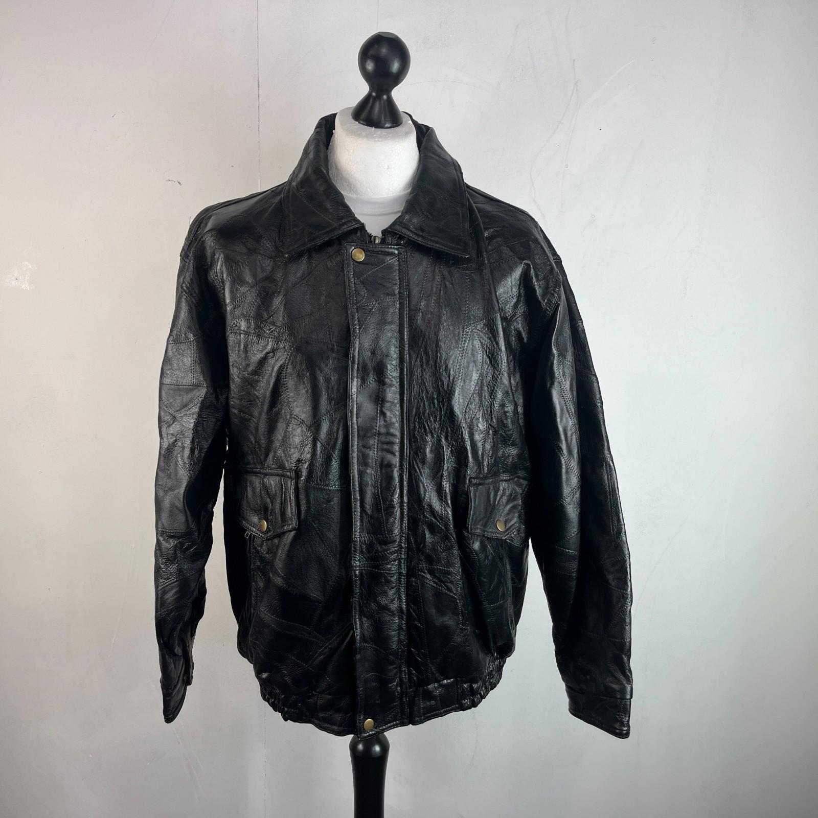 Vintage Patchwork Black Leather Bomber Jacket Men's size XL