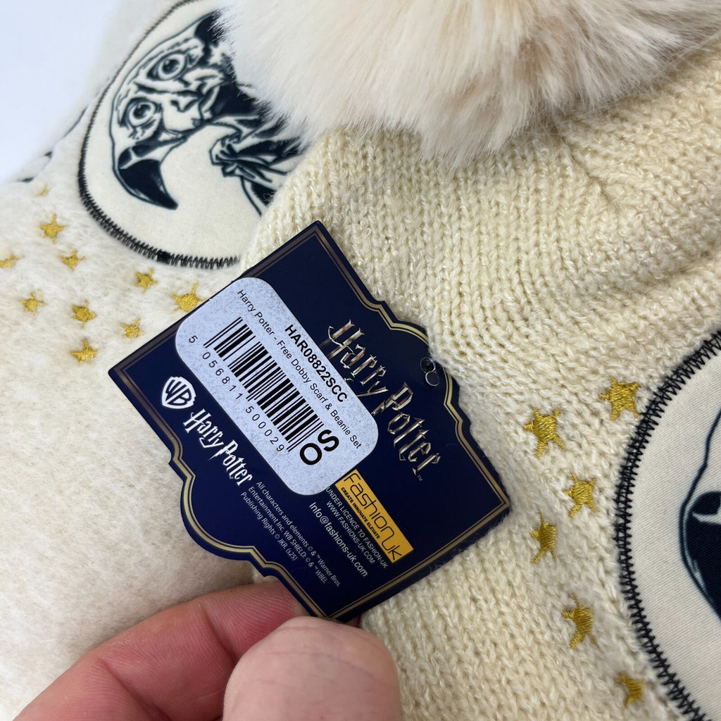 Harry Potter Free Dobby Super Soft Adults Hat & Scarf Set Pom-Pom Cream Embroidered