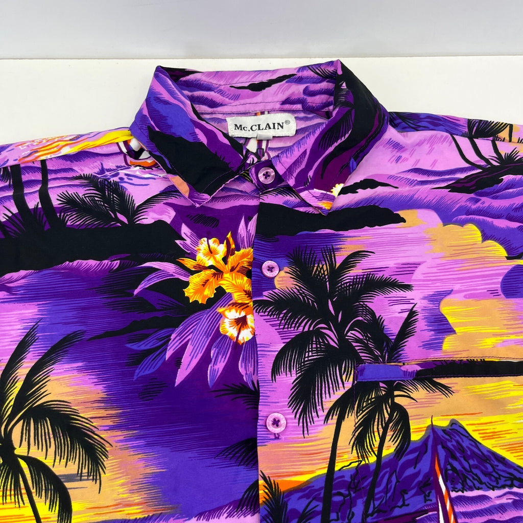McClain Purple Floral Mens Hawaiian Shirt Designer Holiday Short Sleeve size L