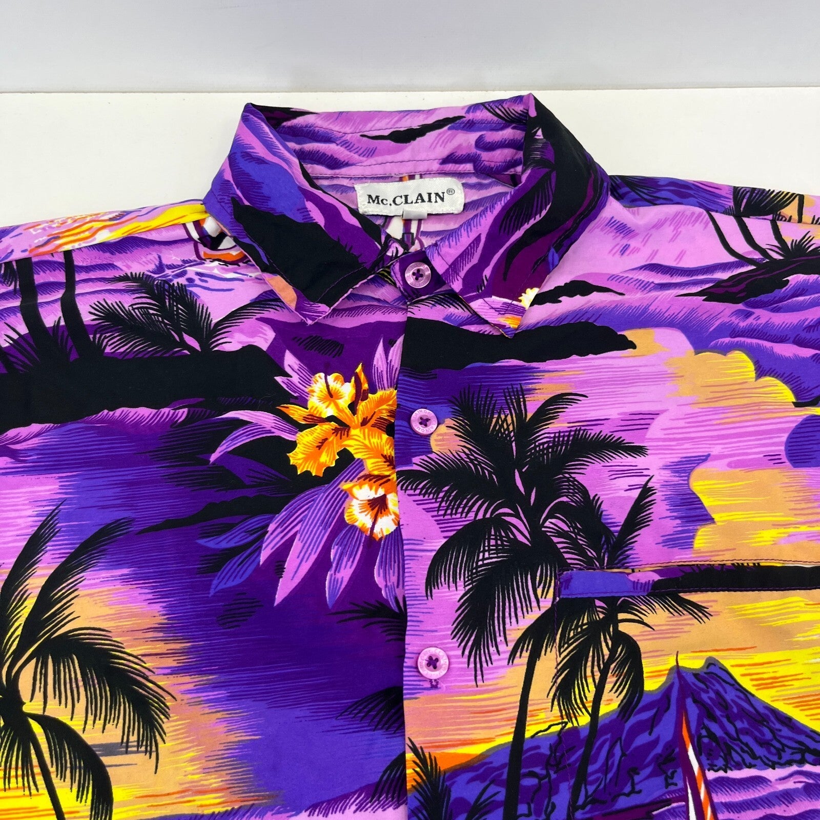 McClain Purple Floral Mens Hawaiian Shirt Designer Holiday Short Sleeve size L