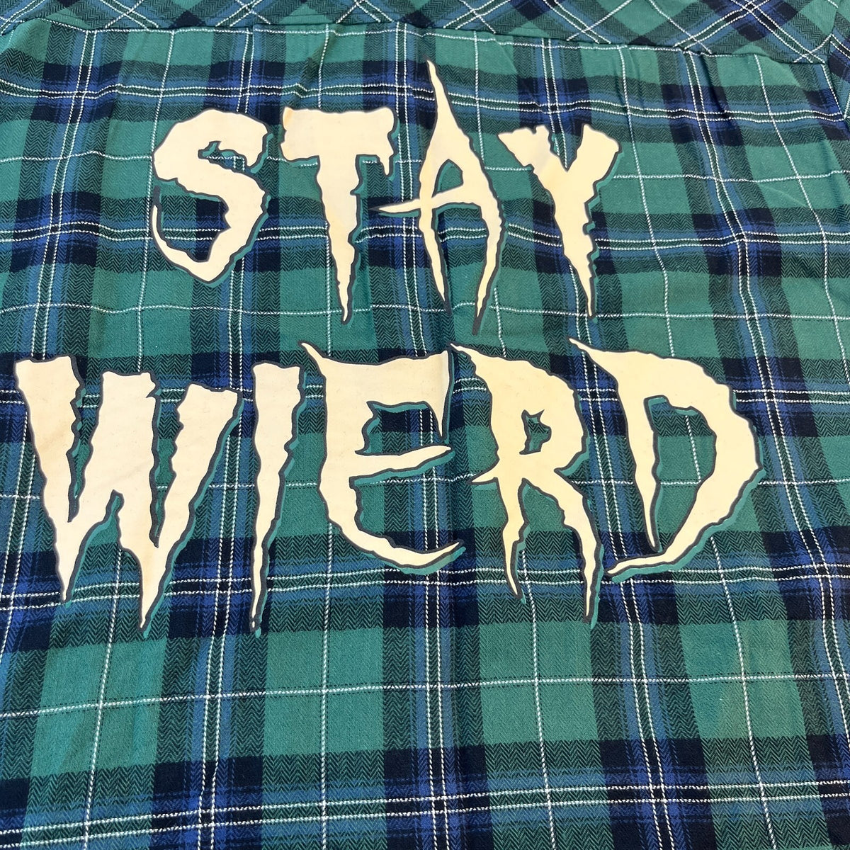 Disney Lilo & Stitch Mens "Stay Weird" Button Up Shirt Check Green Frayed Hem M