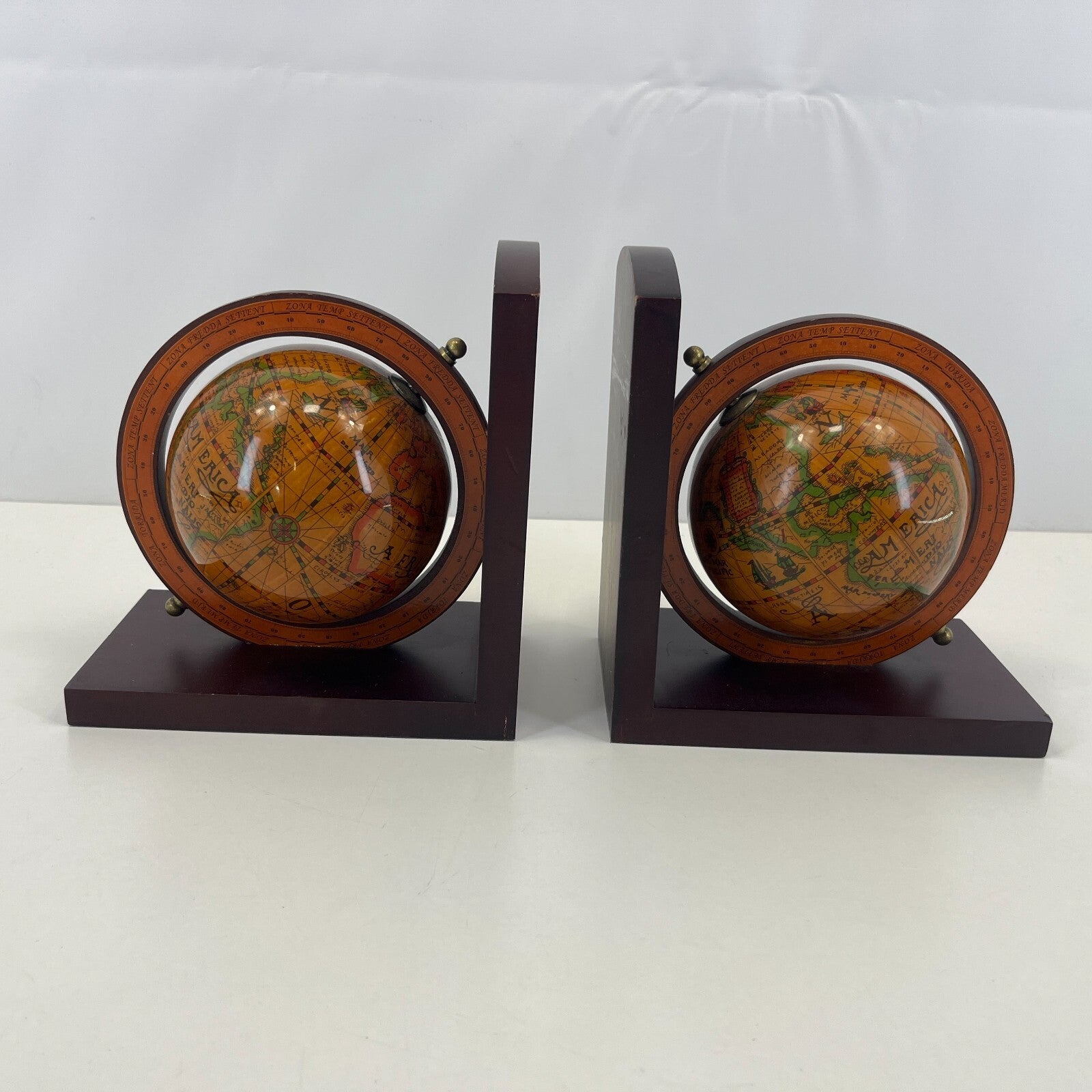 Pair of Wooden Old World Spinning Globe Bookends - Office Decor