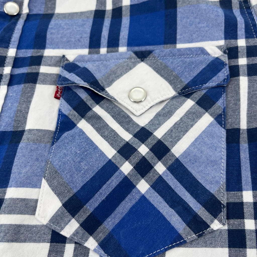 Levi's Mens Stretch Flannel Shirt Blue & White Wide Check Snap Fasten size S