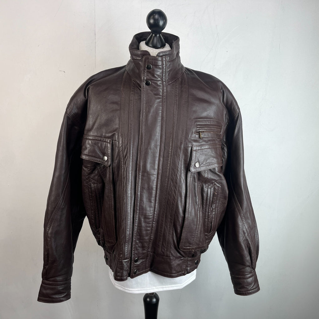 Mens Vintage Burton Brown Leather Bomber Jacket size Large
