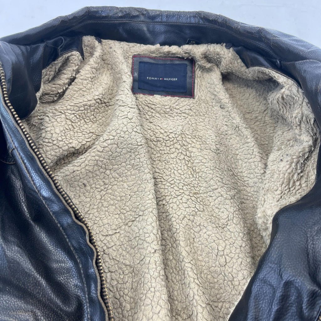 Vtg Tommy Hilfiger Brown Distressed Faux Leather Jacket Sherpa Lined Mens 2XL