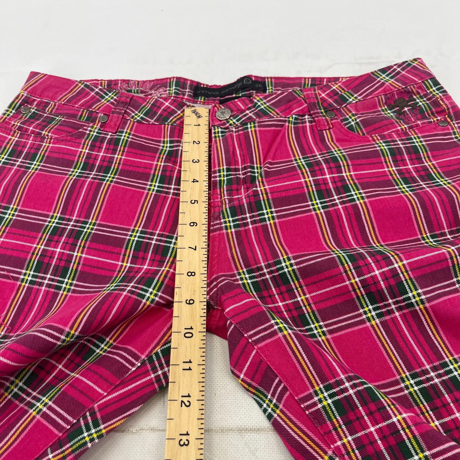 Criminal Damage Women's Pink Tartan Jeans Tapered Stretch Waist 36"