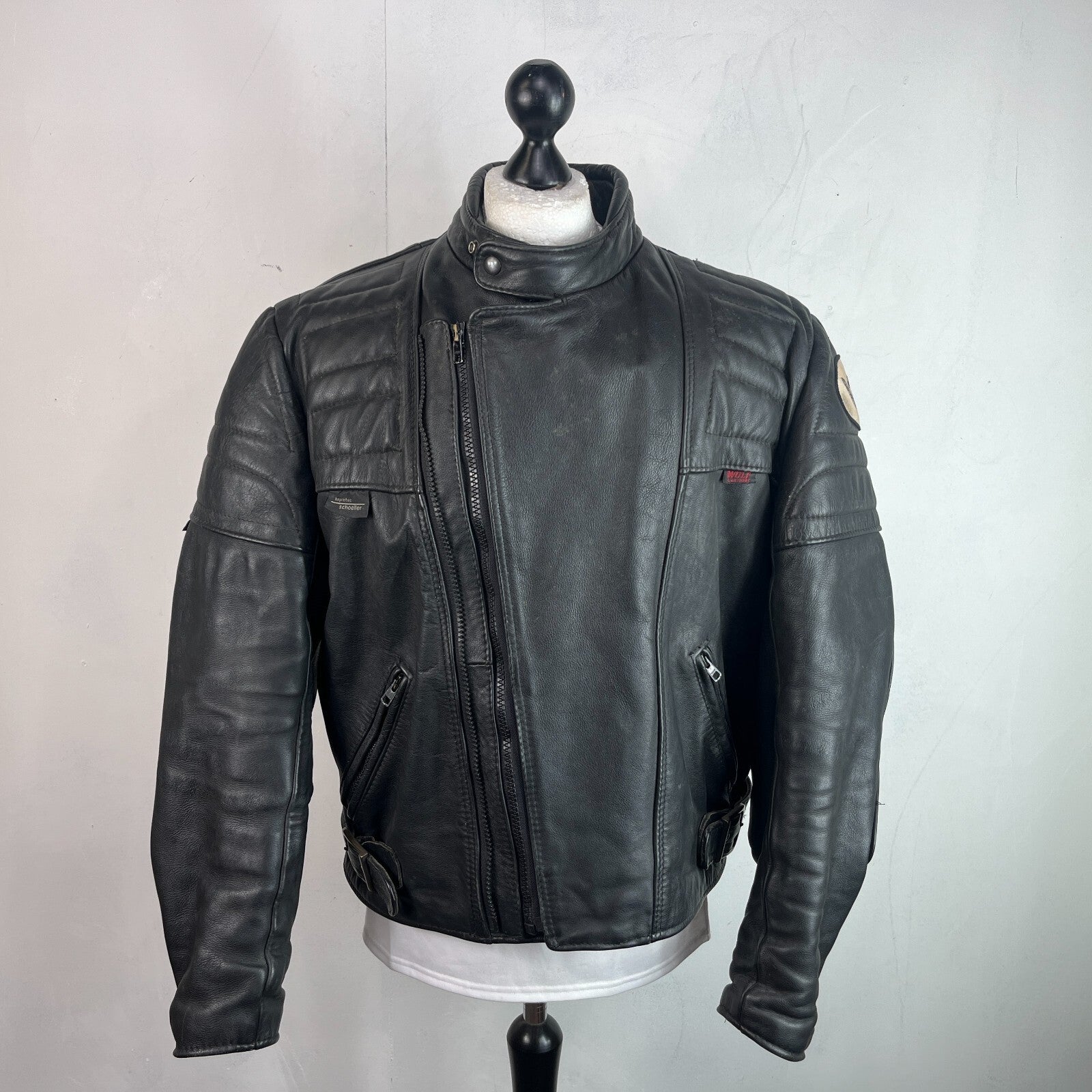 Wolf Leathers Vintage Black Leather Motorcycle Jacket Airbrushed size UK 46