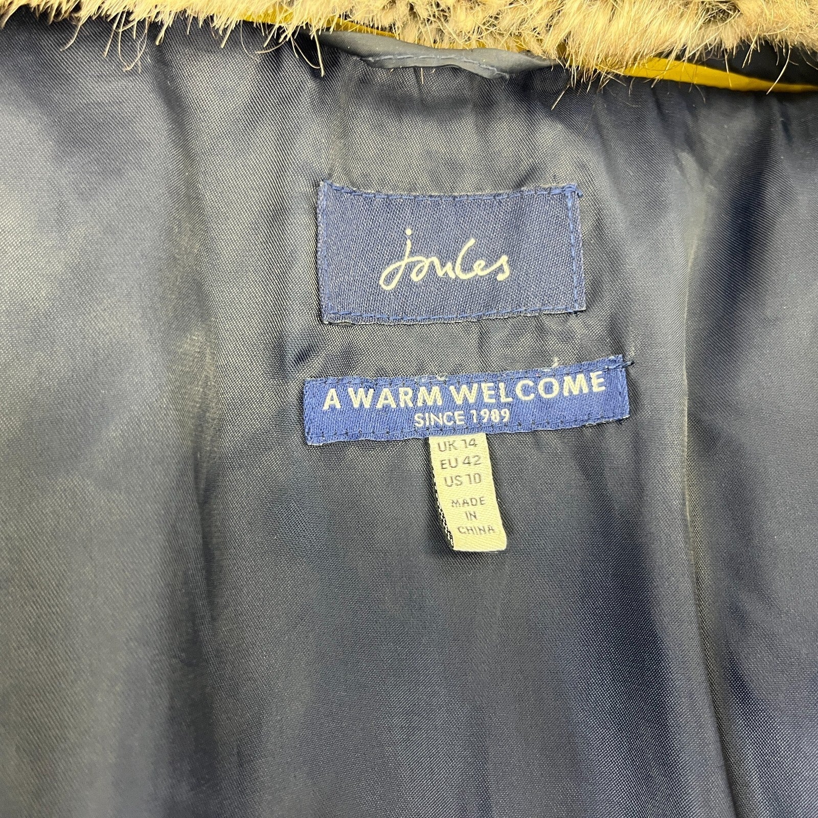 Joules Warm Welcome Long Quilted Jacket Navy Blue with Faux Fur Fringe size 14