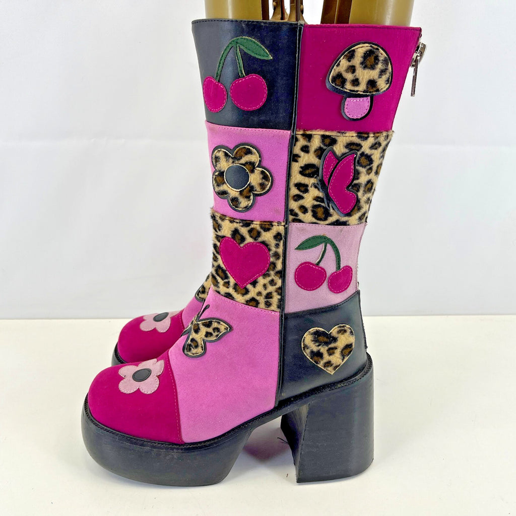 Ladies Retro 60s Disco Look Platform Boots Pink/Black Faux Suede UK 6 Glam Party