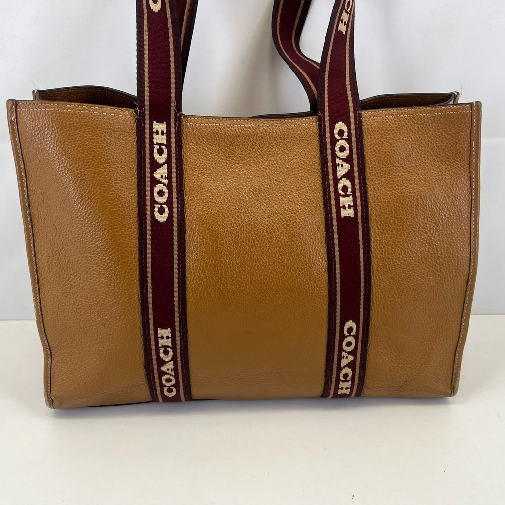 Coach Smith Tote Bag CM716 Tan Pebbled Leather Burgundy Logo Strap