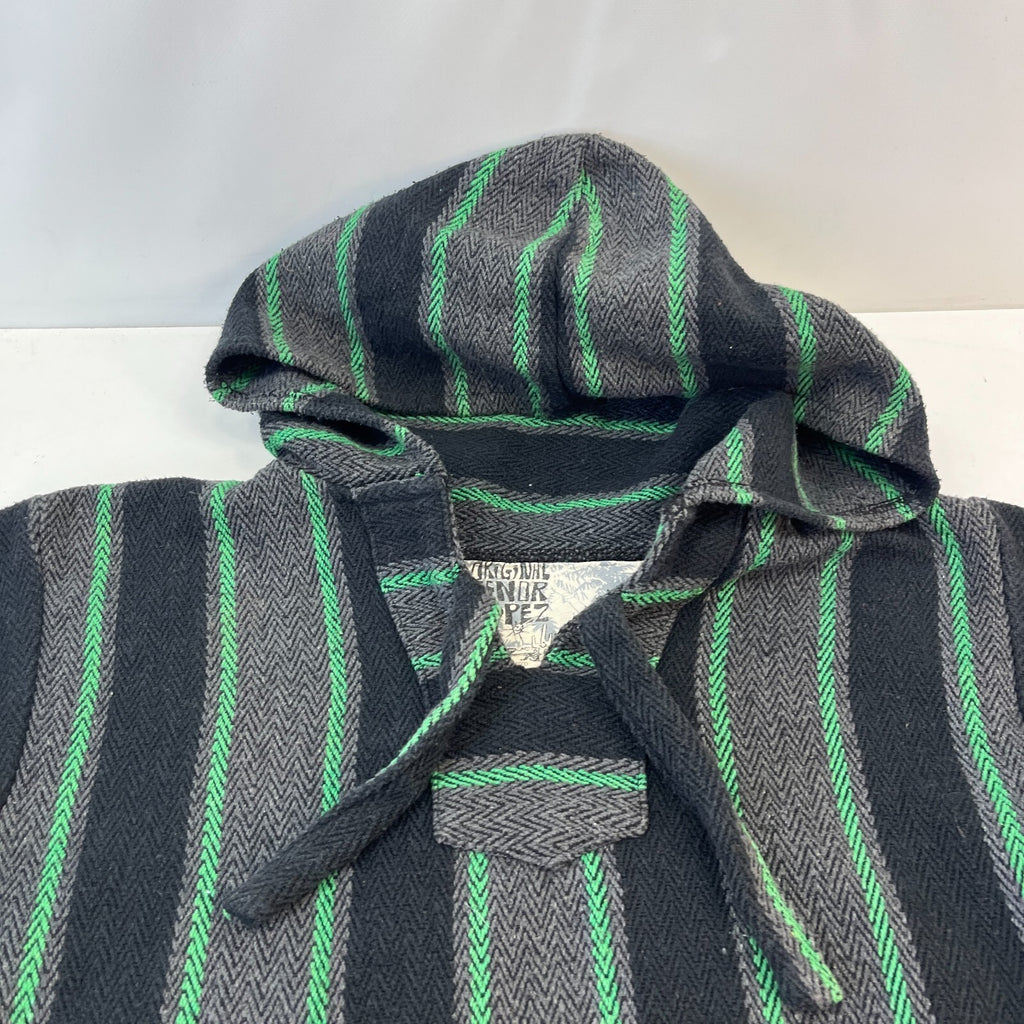 Genuine Mexican Baja Hoodie Pullover Hippie Festival Green/Black/Grey UK size M
