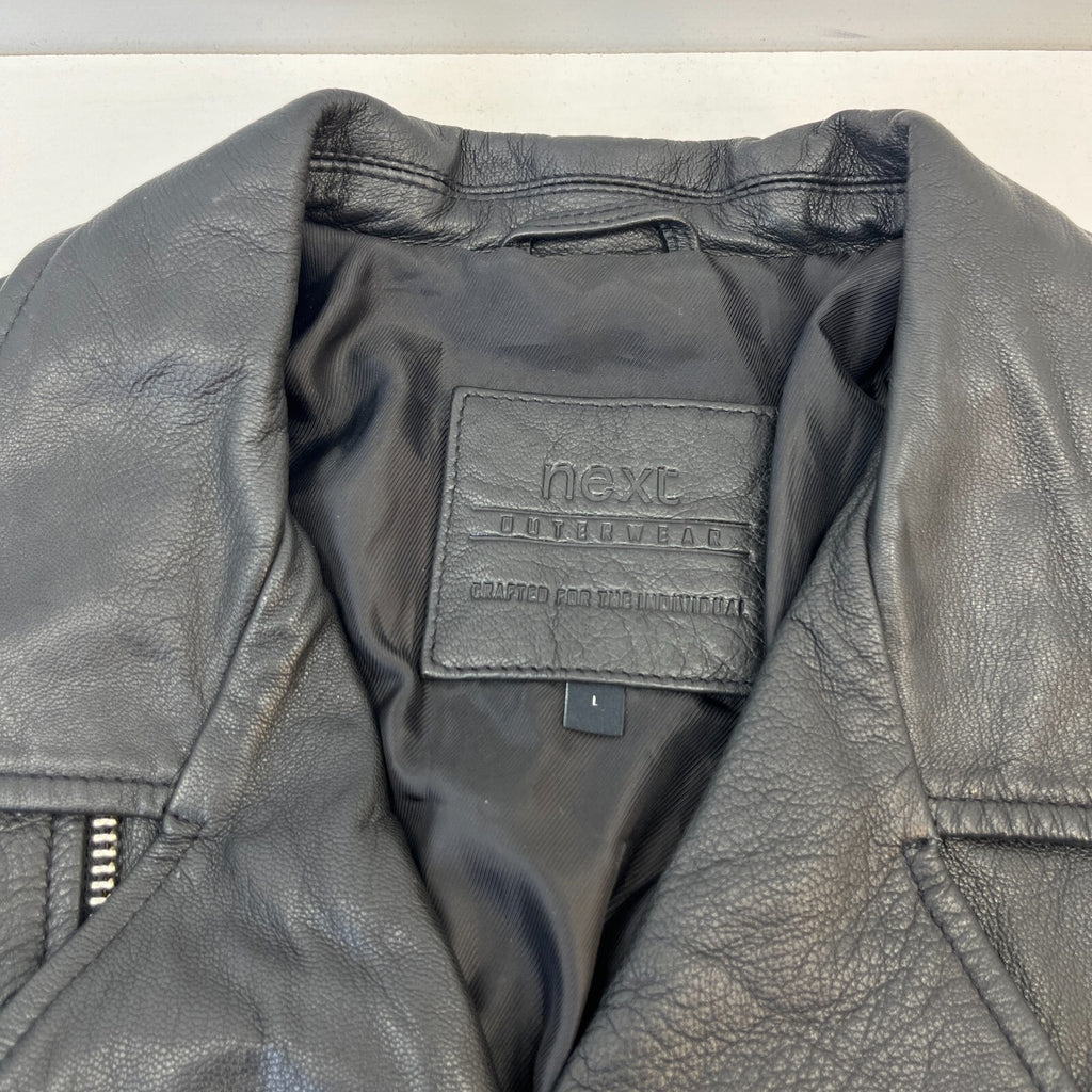 NEXT Men’s Black Leather Biker Jacket Full Zip Short Cruiser Bomber size Large