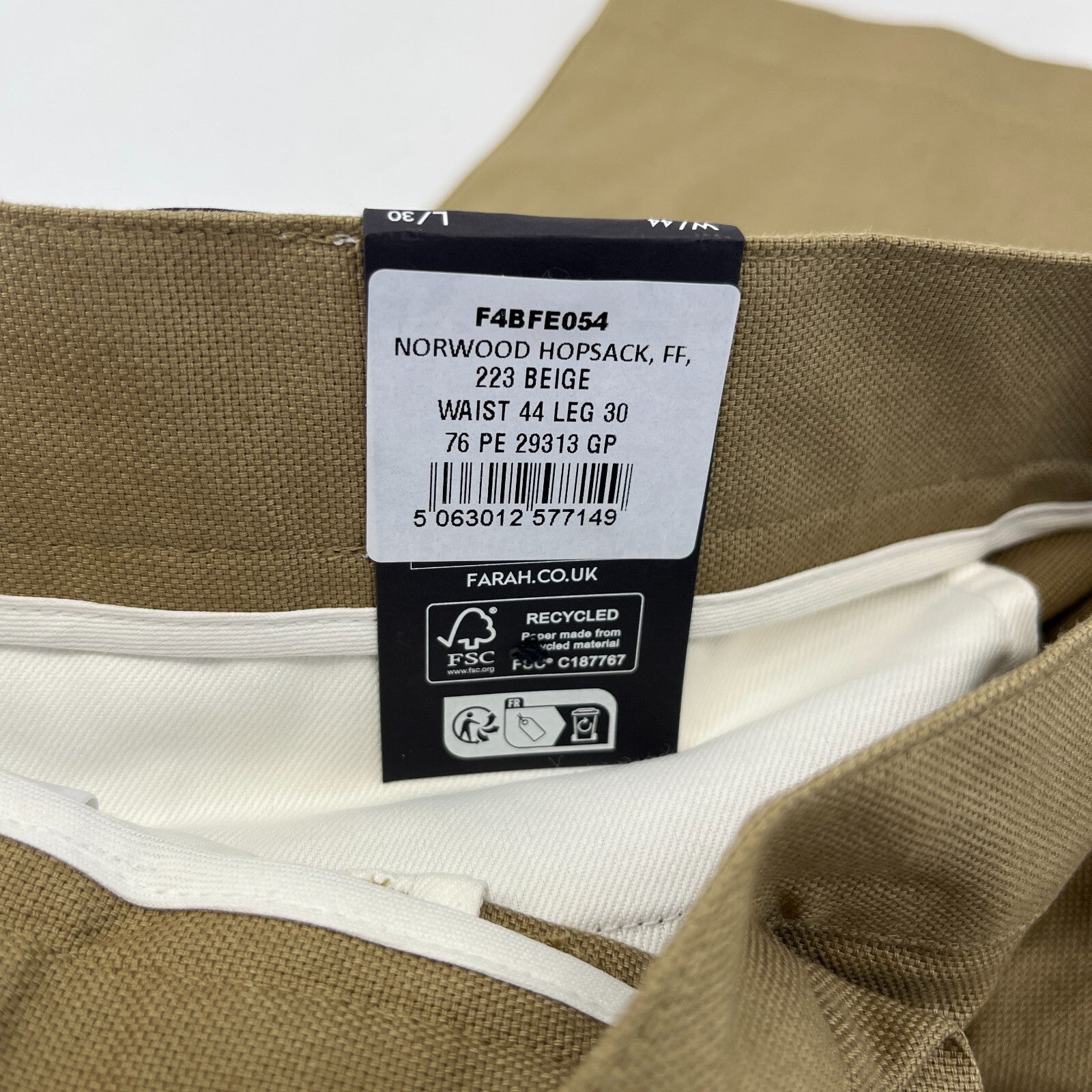 Farah Norwood Hopsack 100% Cotton Trousers Regular Fit W44" L30" Khaki Beige