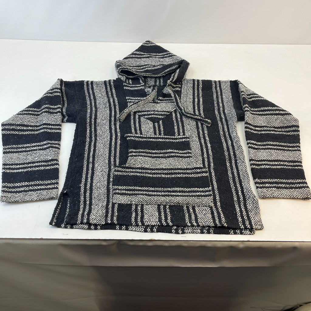 Genuine Mexican Baja Hoodie Pullover Hippie Festival Black/Grey UK size M