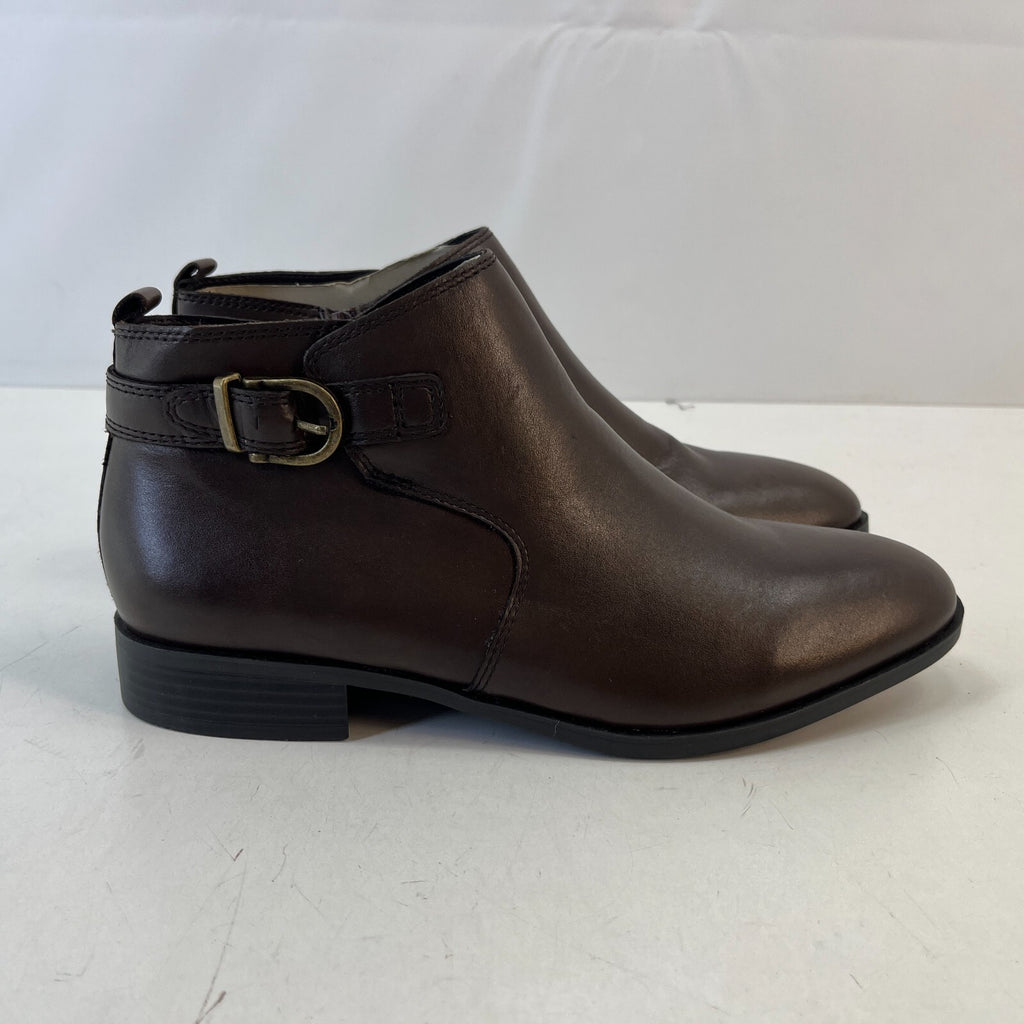 M&S Women’s Dark Brown Leather Almond Toe Ankle Boots Block Heel & Side Zip UK 8