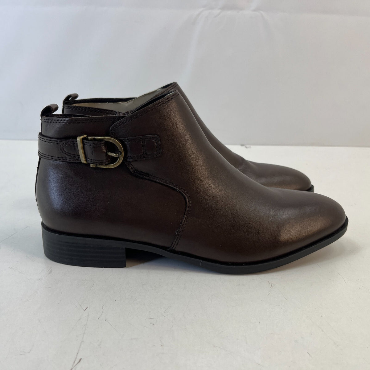 M&S Women’s Dark Brown Leather Almond Toe Ankle Boots Block Heel & Side Zip UK 8
