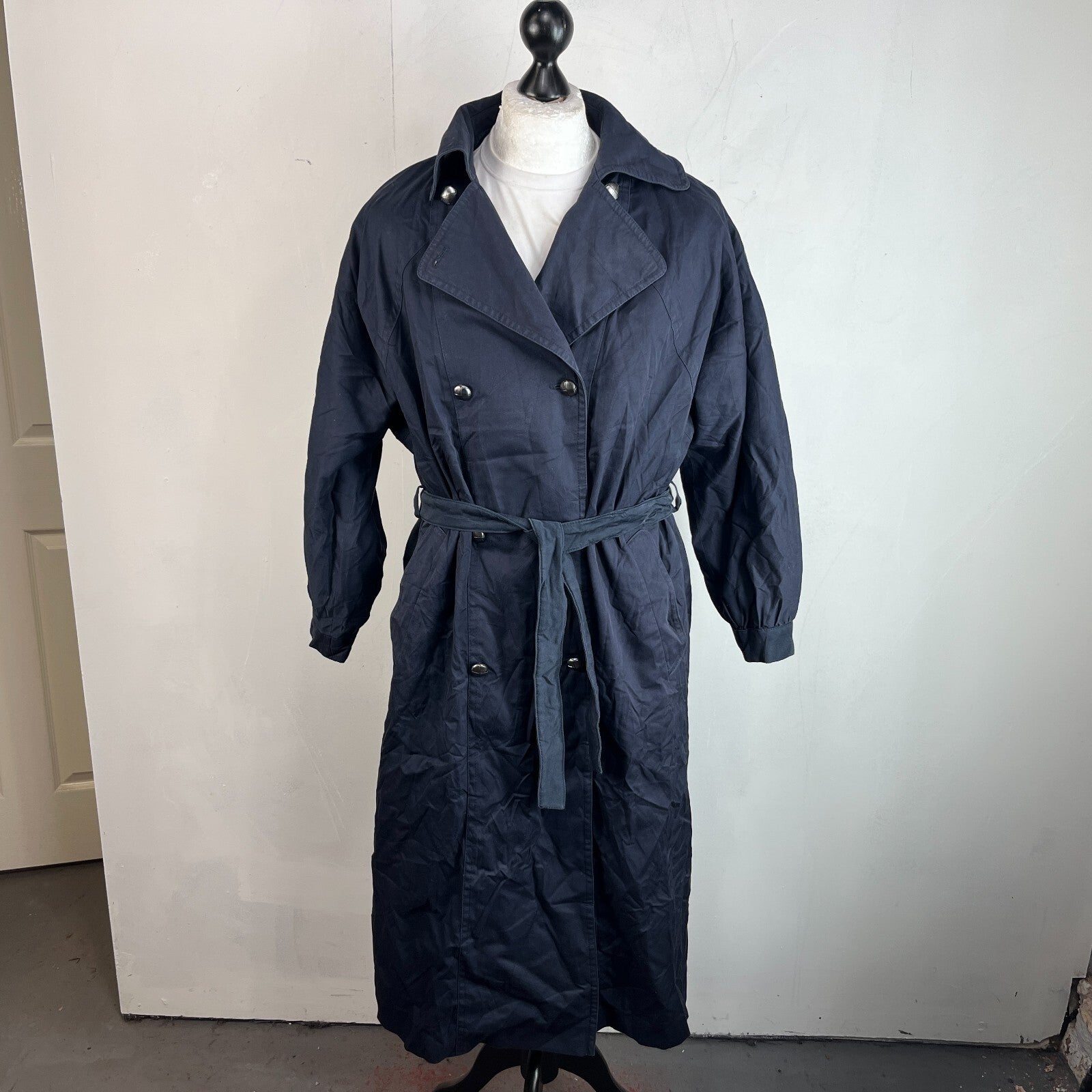 Vintage C&A Women's Lined Trench Coat with Belt Navy Blue size 46