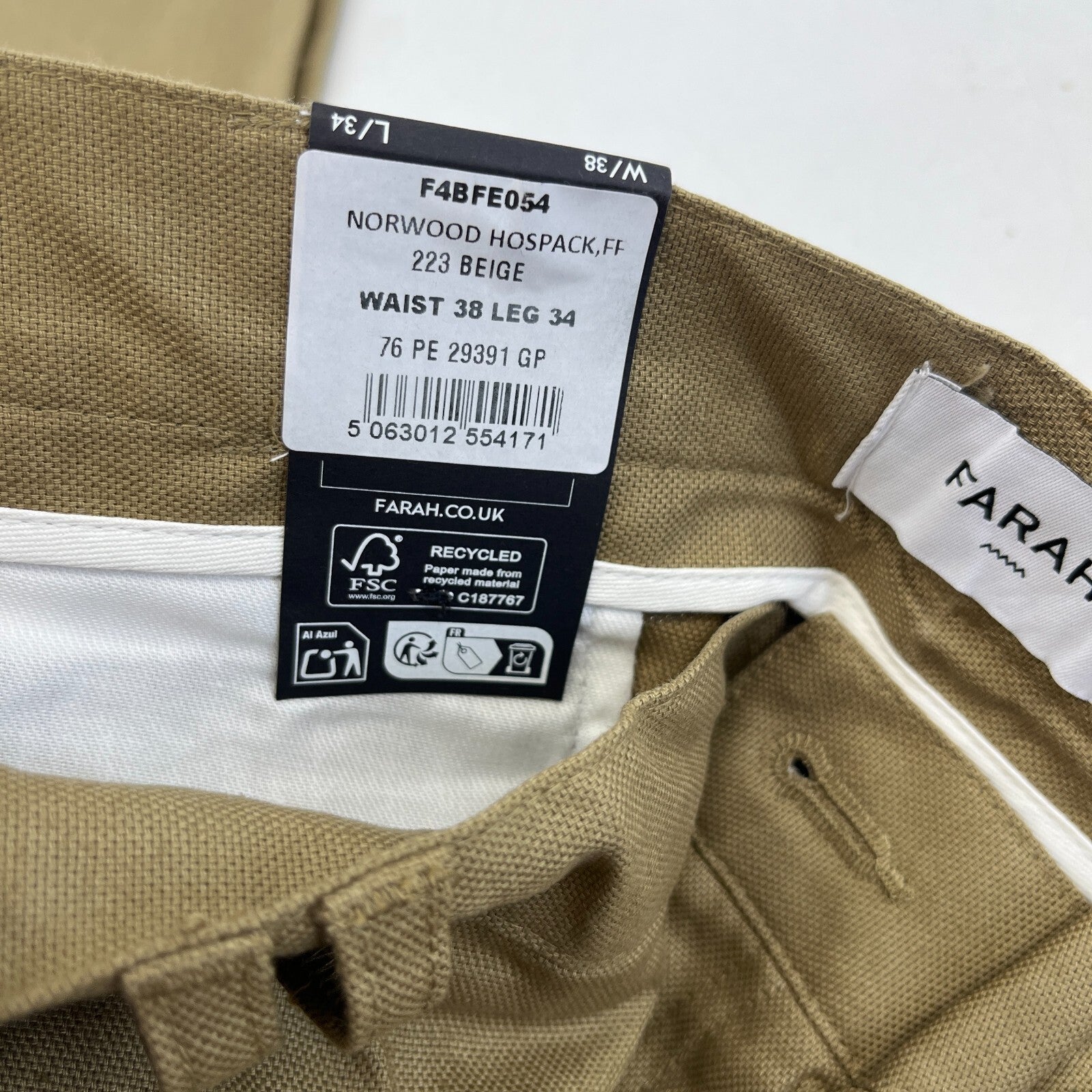 Farah Norwood Hopsack 100% Cotton Trousers Regular Fit W38" L34" Khaki Beige