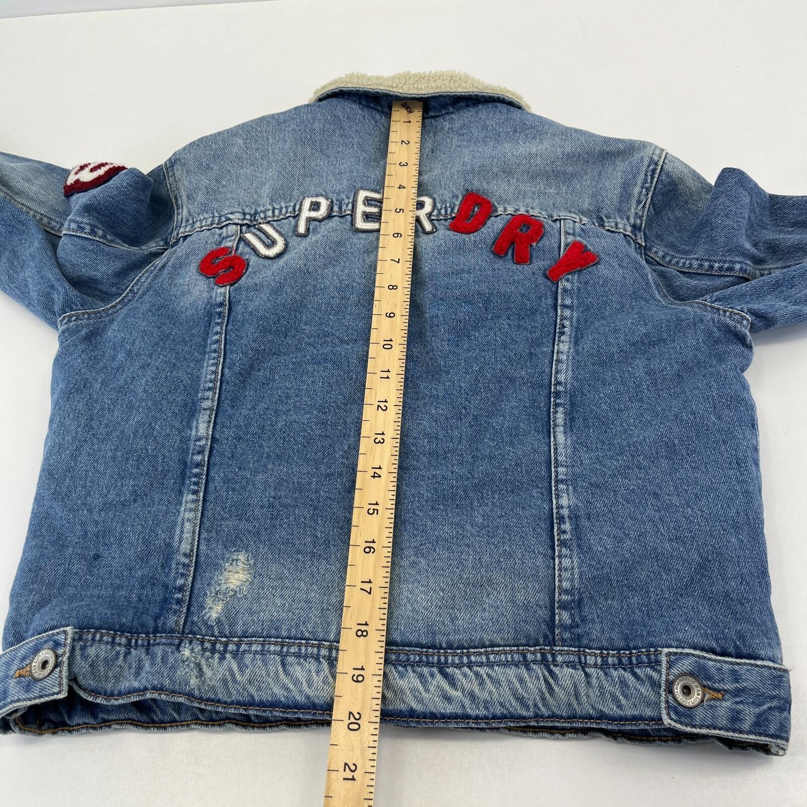Superdry Denim Jacket Womens M Blue Sherpa Faux Fur Lining Patches Biker