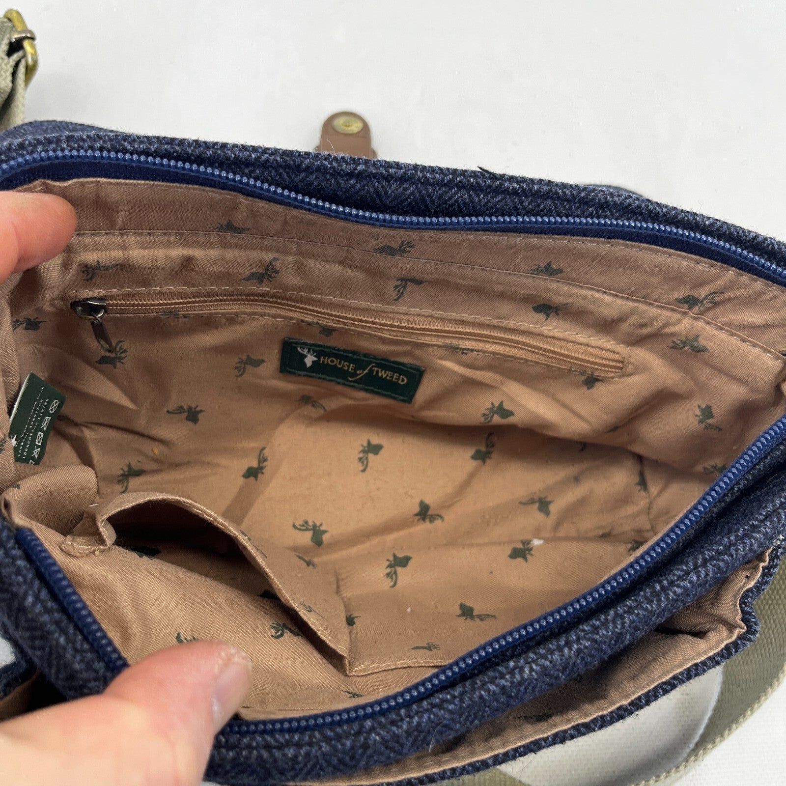 House of Tweed Navy Blue Medium Crossbody Satchel Bag Handbag Herringbone