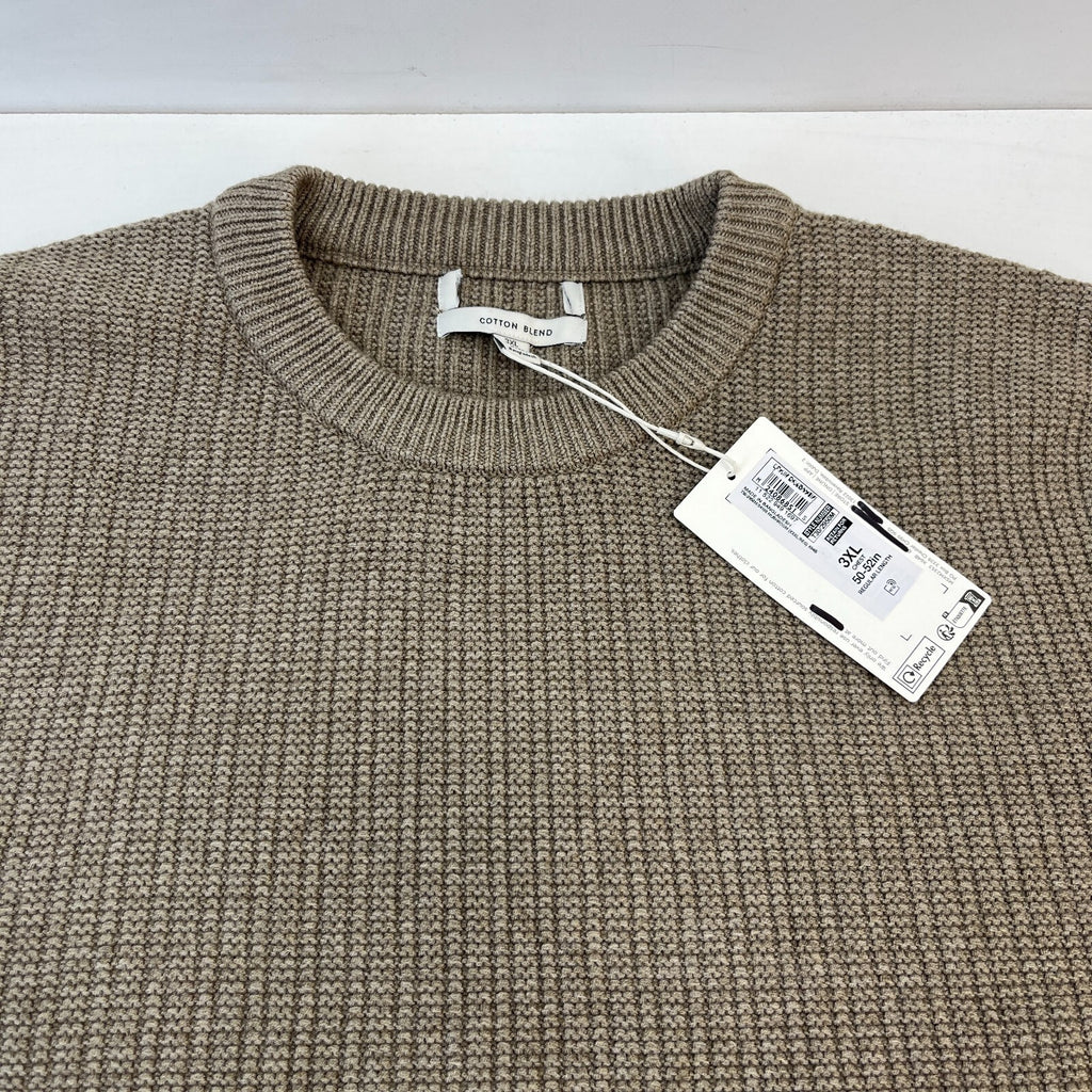 M&S Men's Cotton Blend Cable Knit Crew Neck Jumper Mushroom Beige Brown 3XL New