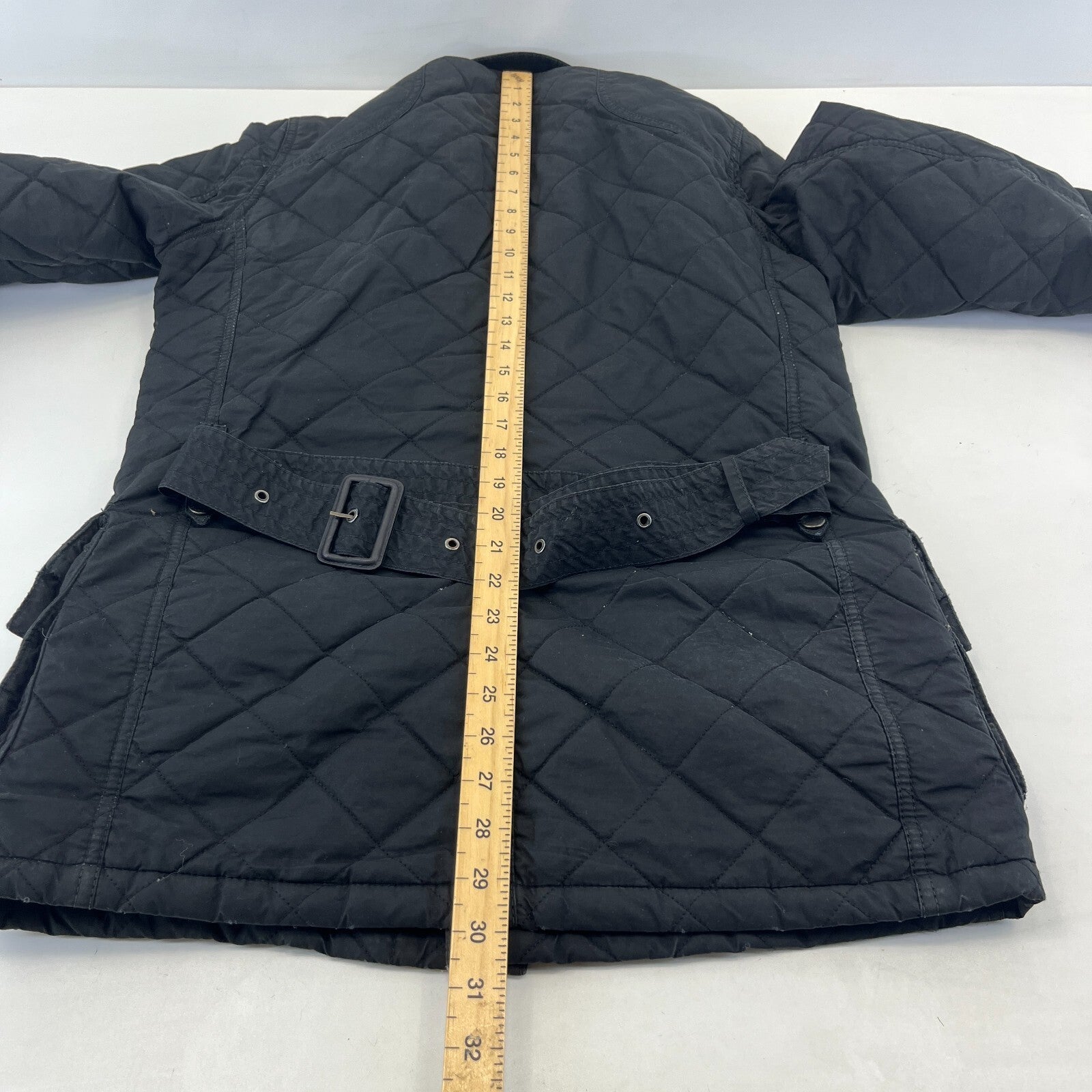Barbour International Quilted Waxed Cotton Jacket Black with Belt Band Collar S