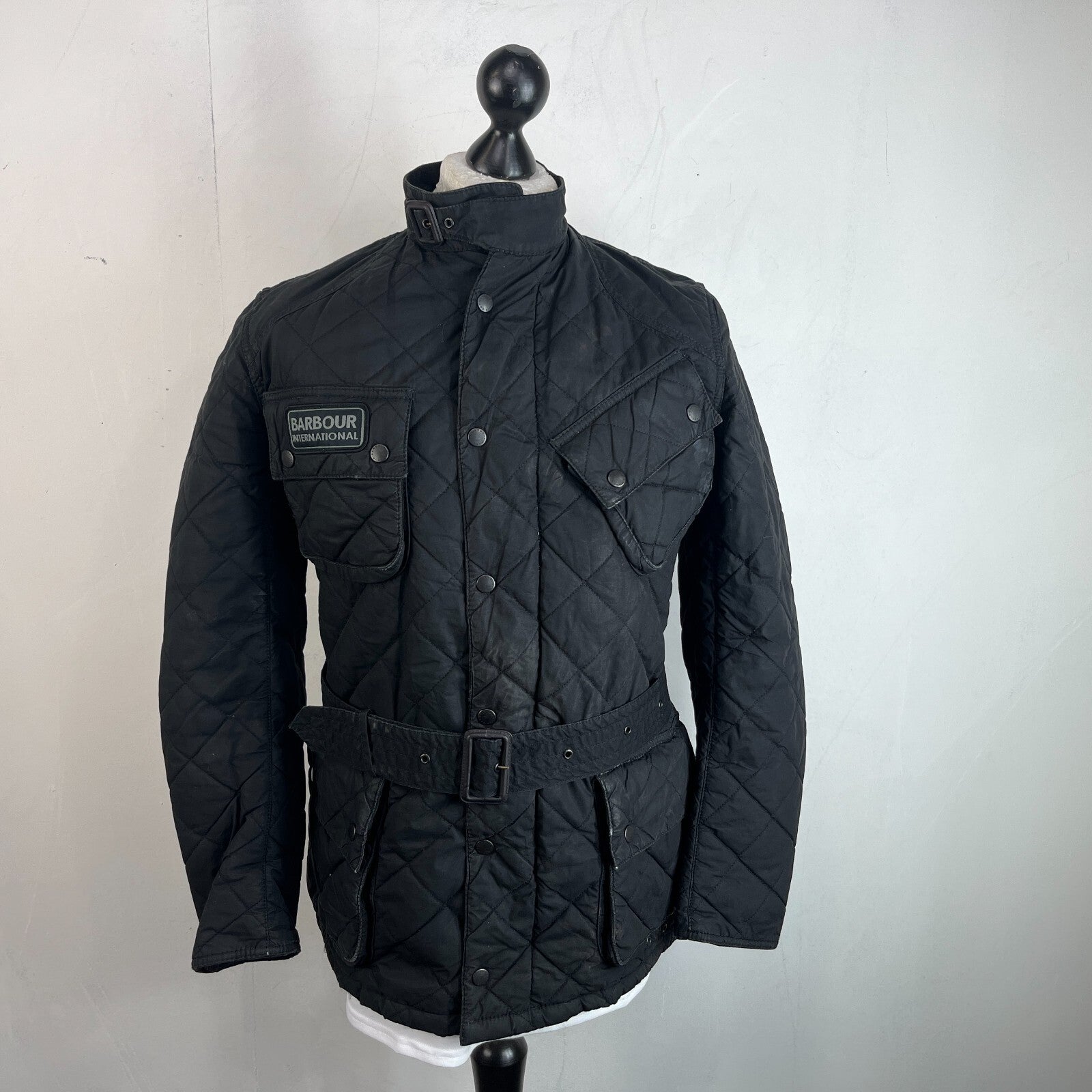 Barbour International Quilted Waxed Cotton Jacket Black with Belt Band Collar S