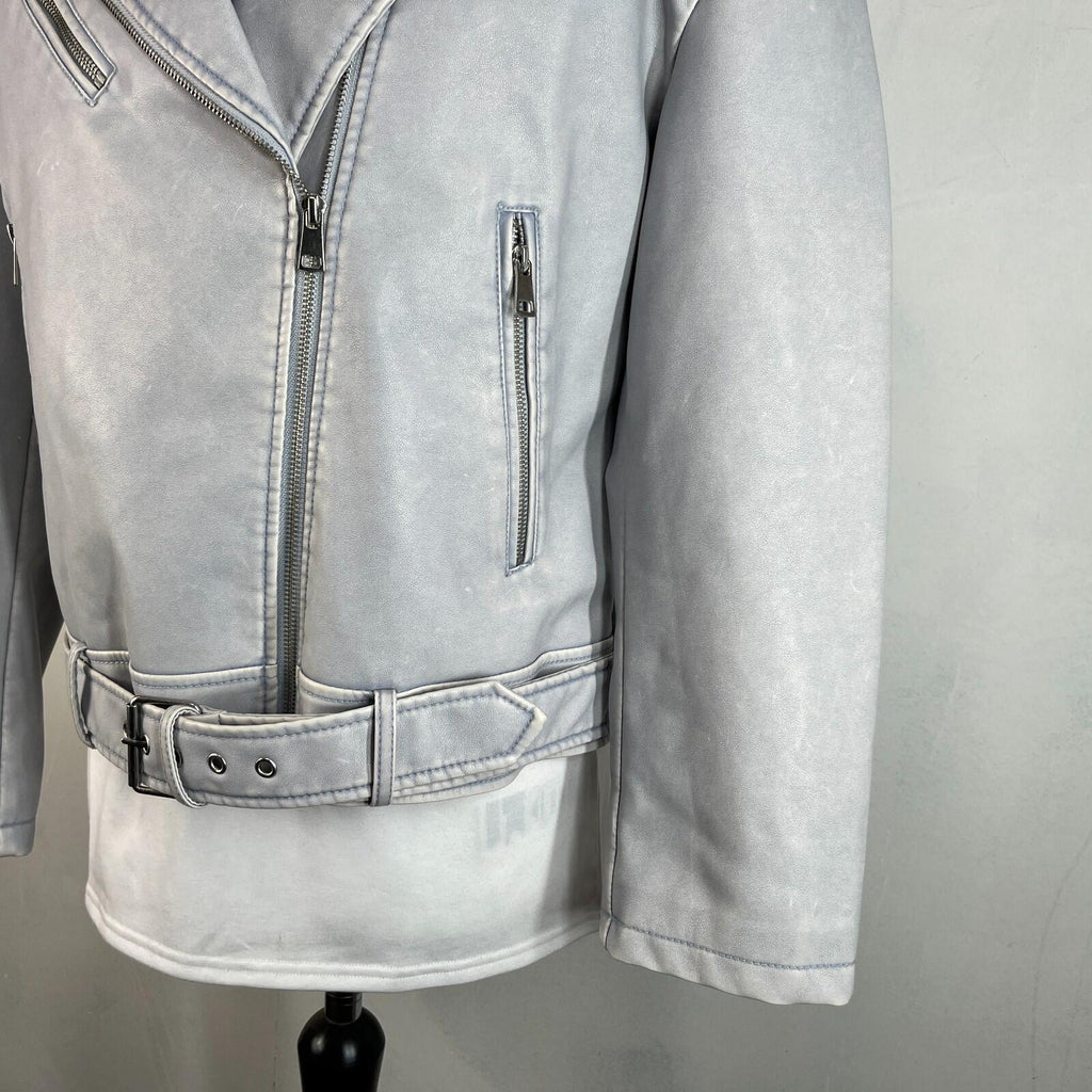 Rita Ora Light Grey Faux Leather Biker Jacket with Belt size 10/12