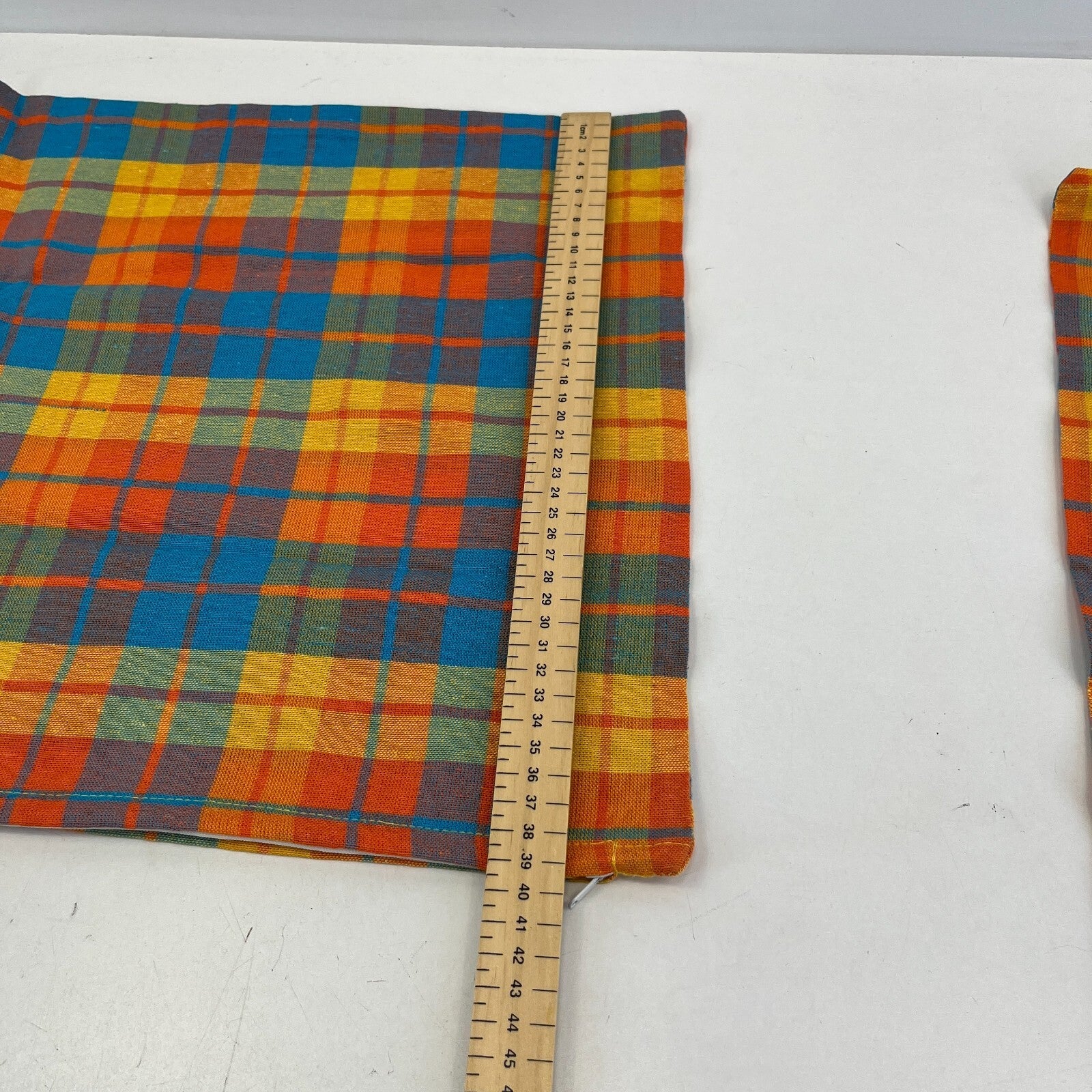 2x RSW 100% Cotton Cushion Pillow Covers Orange/Blue/Yellow Tartan 38cm x 38cm