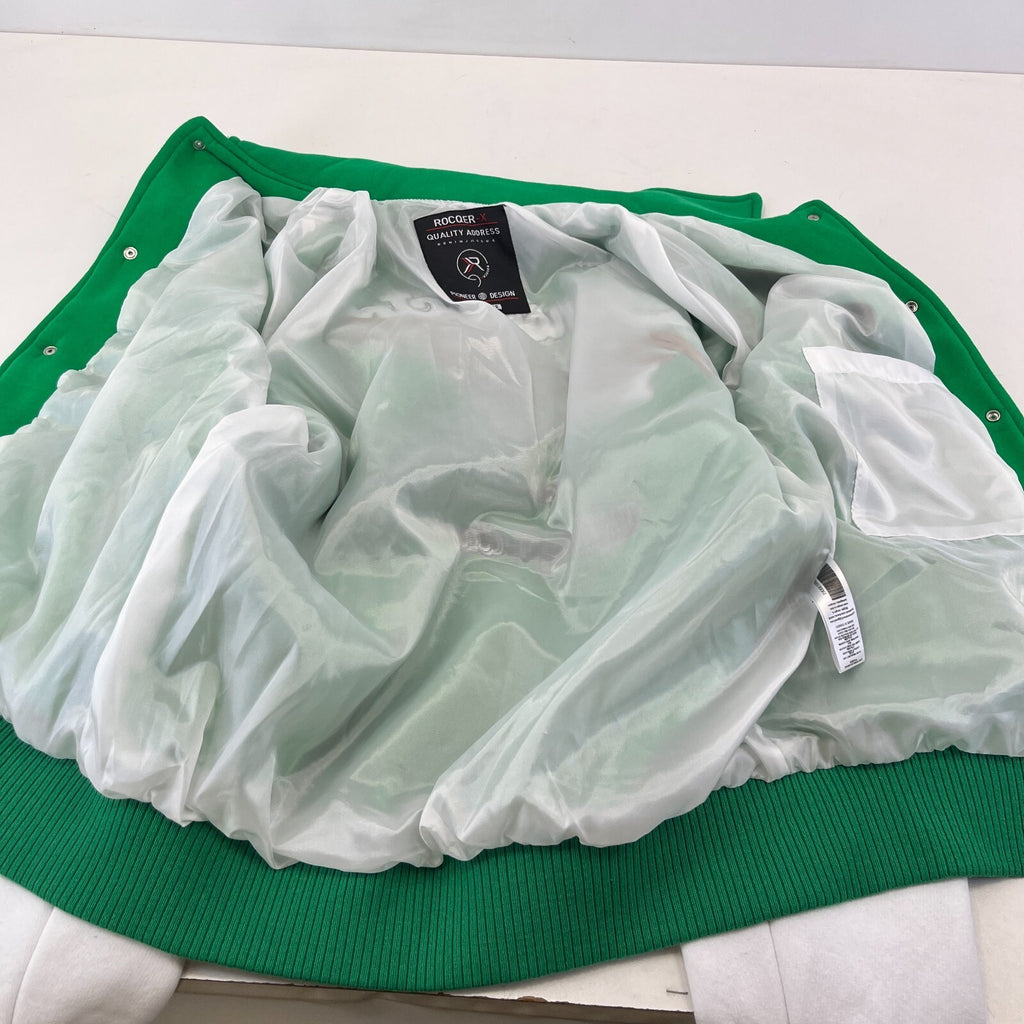 Rocqer-X Women's Green & White Embroidered Varsity Jacket size 2XL