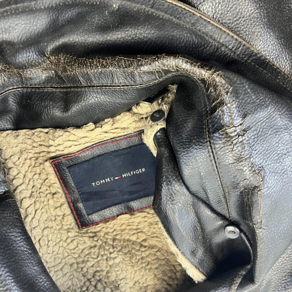Vtg Tommy Hilfiger Brown Distressed Faux Leather Jacket Sherpa Lined Mens 2XL