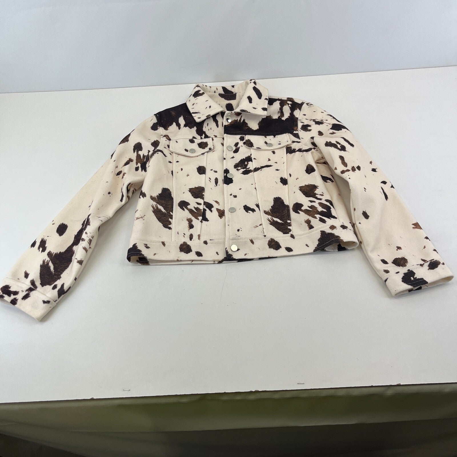 Women's Cow Print Cropped Jacket Cotton Blend Cream/Brown size Small
