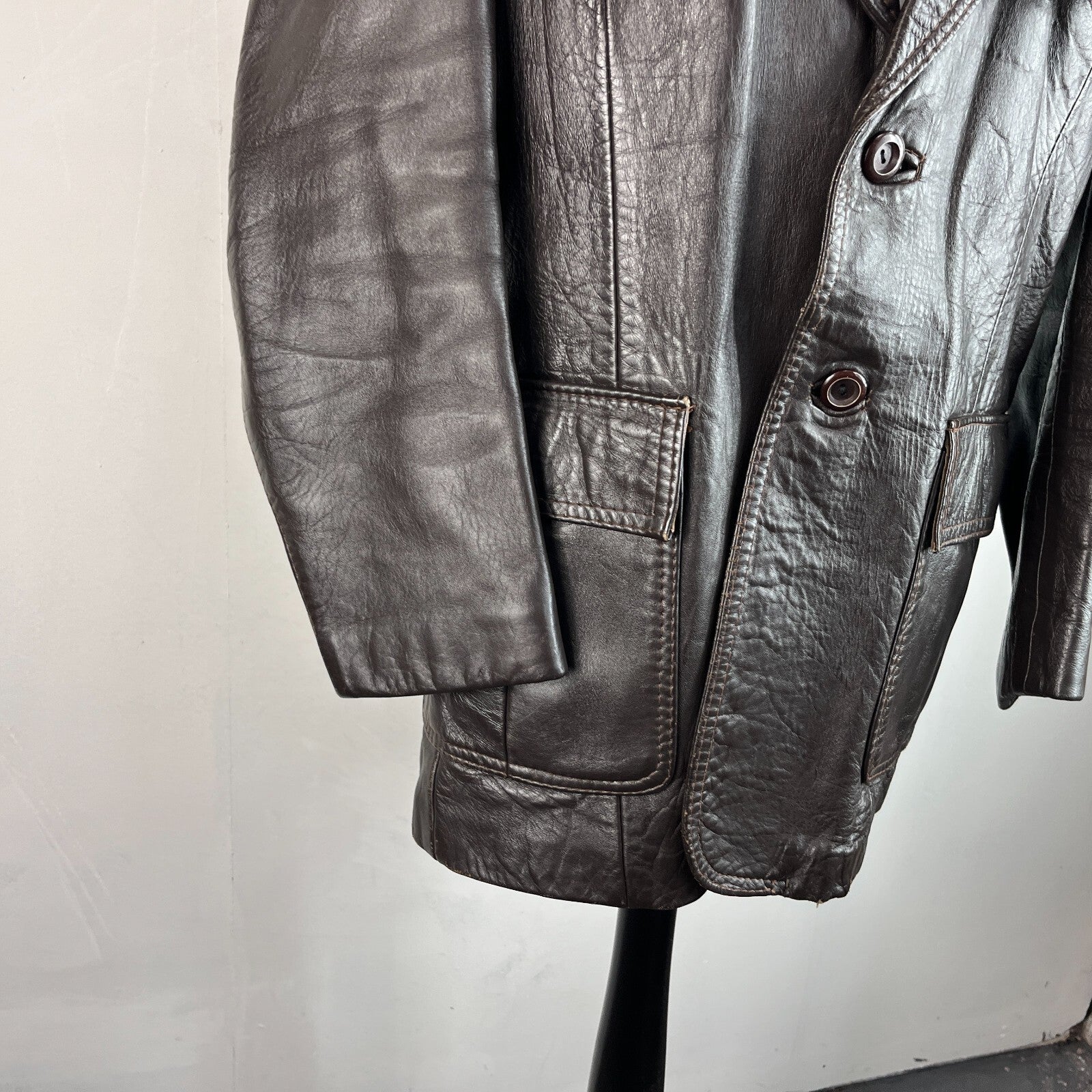 Vintage Made in London Dark Brown Leather Jacket Mid Length Retro size Medium