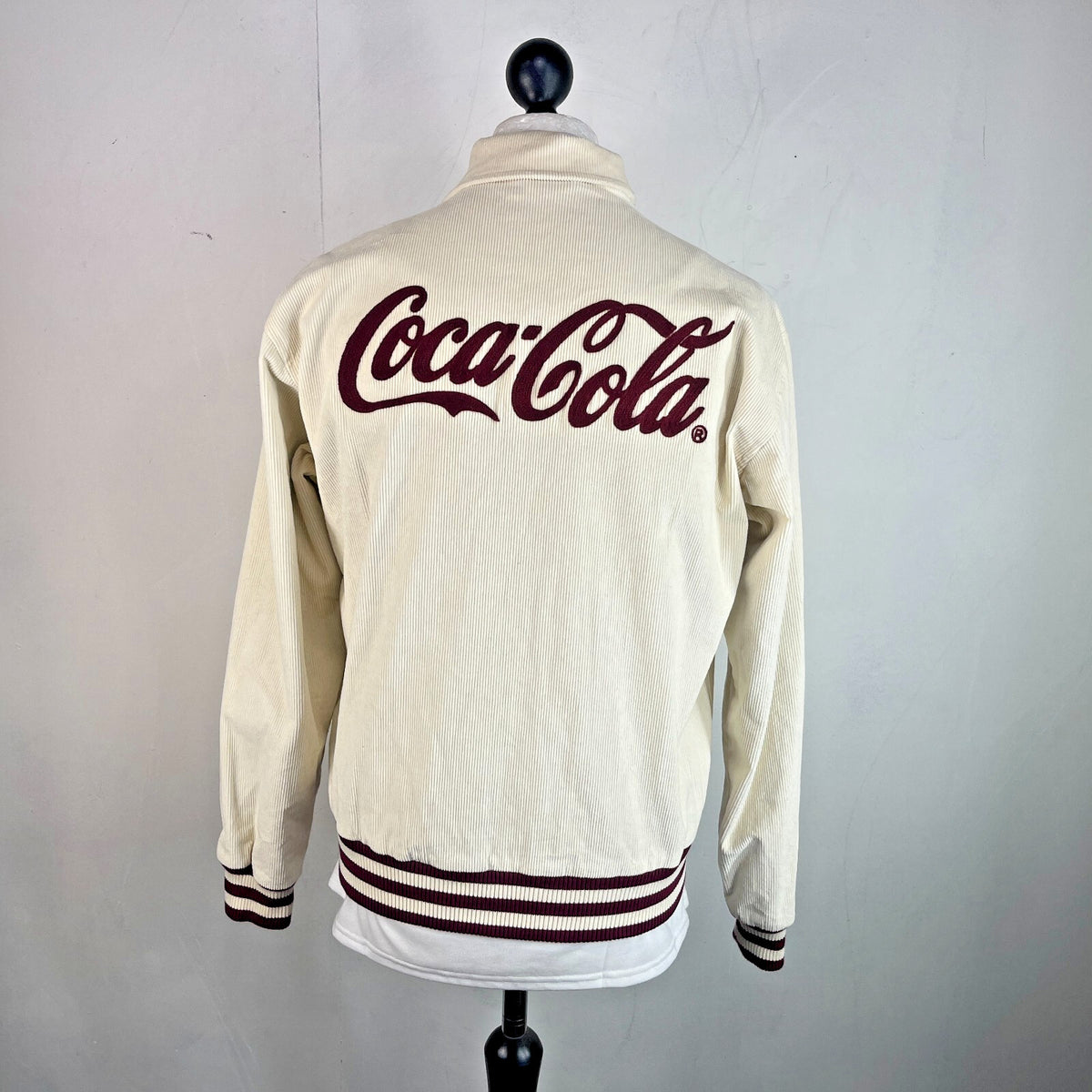 Rare Alma de Ace Coca Cola Micro Cord Varsity Jacket size Small in Cream