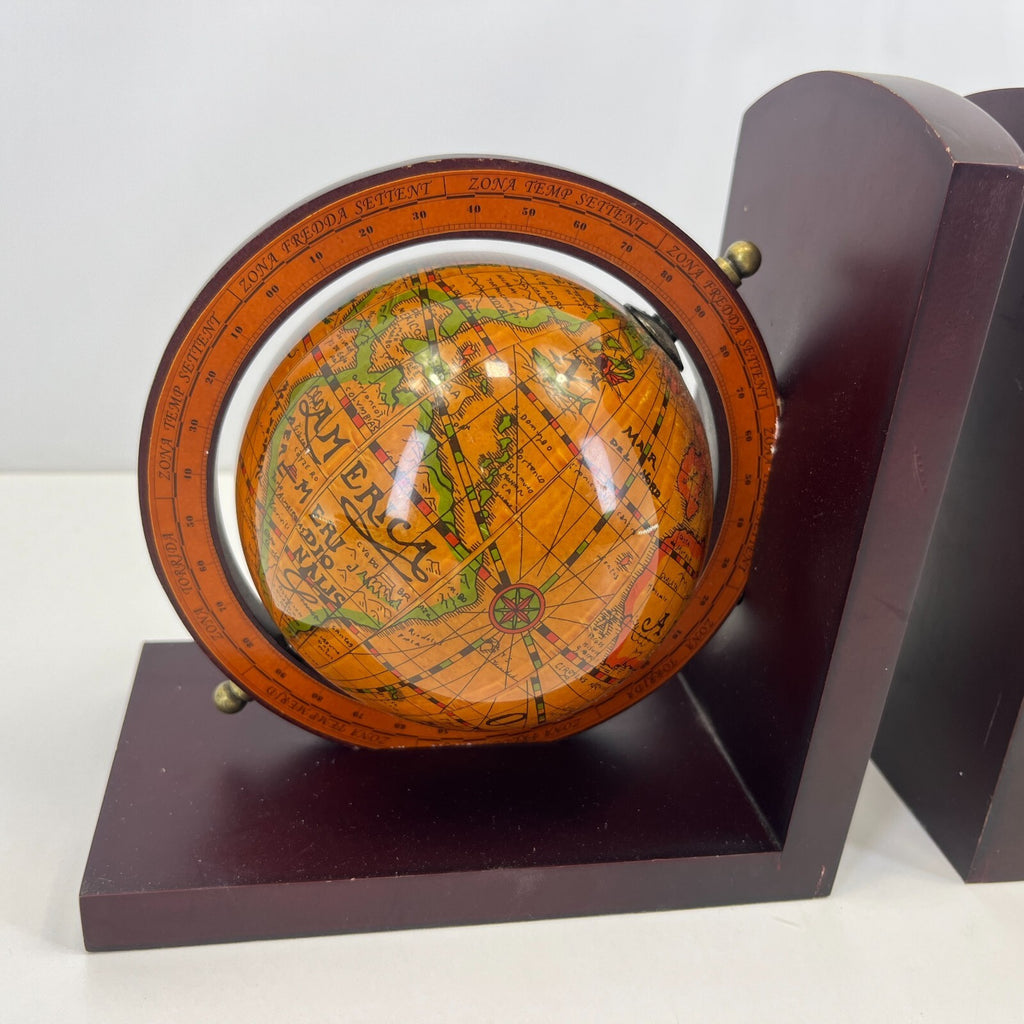 Pair of Wooden Old World Spinning Globe Bookends - Office Decor
