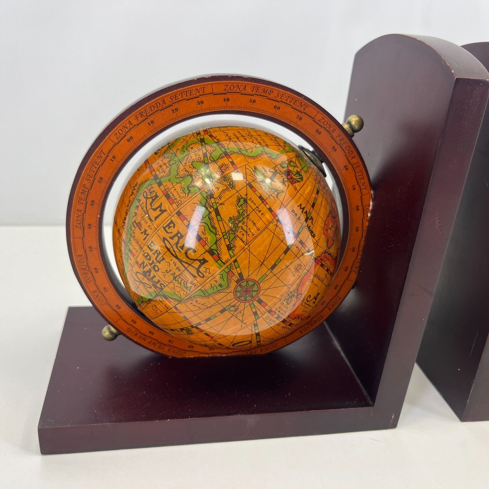 Pair of Wooden Old World Spinning Globe Bookends - Office Decor