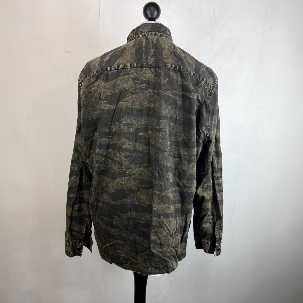 AllSaints Denim Jacket Men's size XL Relaxed Fit Distressed Tiger Camo