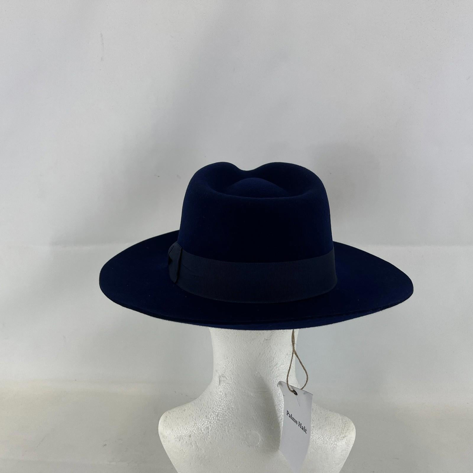 Palms Halt 100% Wool Handmade Textured Fedora Hat in Navy Blue size L 59
