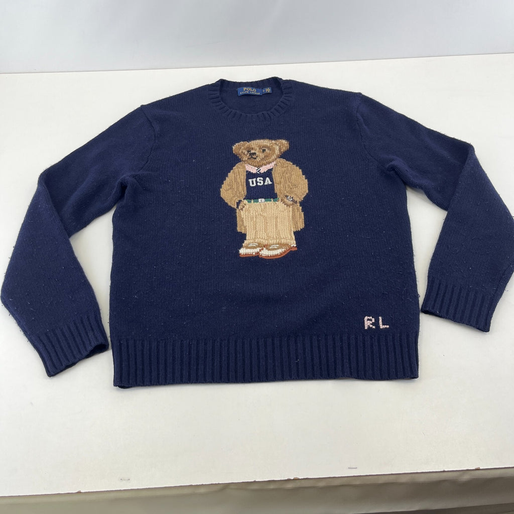 Polo Ralph Lauren Jumper Womens Medium Navy Blue Bear Wool Knit Pullover Sweater