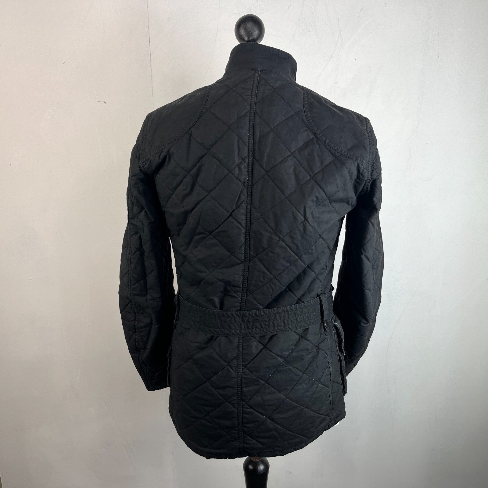 Barbour International Quilted Waxed Cotton Jacket Black with Belt Band Collar S