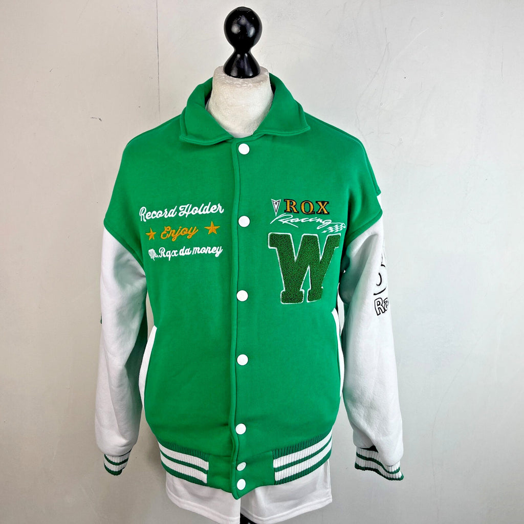 Rocqer-X Women's Green & White Embroidered Varsity Jacket size 2XL