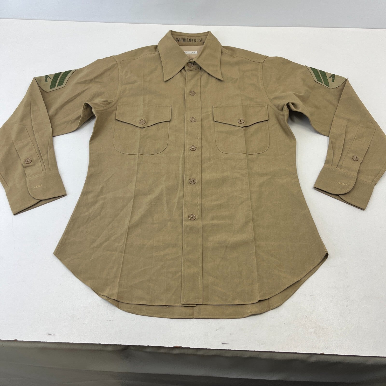 Vintage American Army Military Long Sleeve Shirt Khaki Brown size M