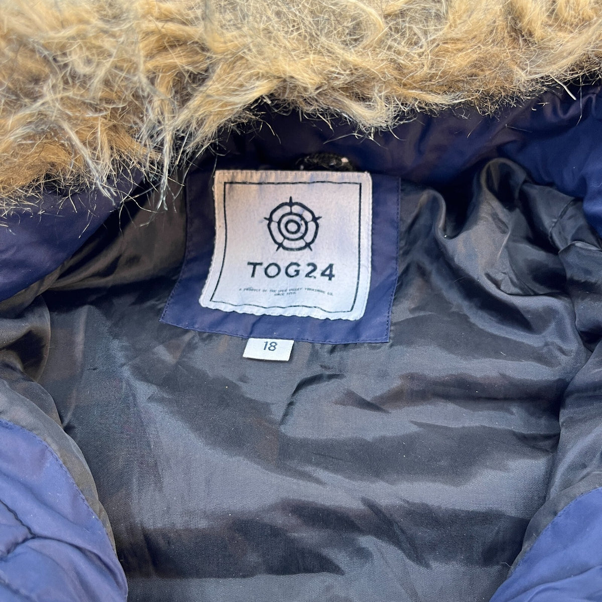 TOG24 Women’s Blue Hooded Long Puffer Coat Quilted Padded with Fur Fringe UK 18